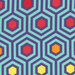 Close up of aqua fabric with a purple hexagonal honeycomb pattern, accented with colored centers
