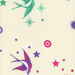 Close up of cream fabric featuring swallows, stars, and other little fairy dust motifs scattered across