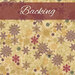 Swatch of cream fabric packed with ornate snowflake designs in tonal colors, burgundy, red, gold, and green. A brick red banner at the top reads 