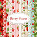 A collage of red, pink, cream, light blue, and green summer strawberry fabrics in the Berry Sweet fabric collection