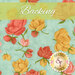 Swatch of a light aqua blue fabrics with tossed medium florals in coral pink and ochre yellow. A lime green banner at the top reads 