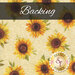 Swatch of a cream fabric with tossed medium sunflowers in golden orange and yellow. A black banner at the top reads 