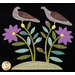 A close up on the seventh block of the quilt, showing fabric details on two gray-brown birds perched atop yellow and purple blooms.