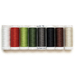 8 spools of thread, arranged in rainbow order, isolated on a white background.