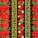 Black fabric with varied rows of large red geraniums, gold stripes with wide fanning leaves, and a bouquet of red geraniums, geranium leaves, and daisies.