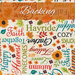 A swatch of cream fabric covered in perpendicular fall-and-autumn-themed words. An orange banner at the top reads 