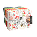 A bundle of bright floral fabrics included in the Raspberry Summer FQ Set wrapped in a white Moda Fabrics ruler ribbon isolated against a white background.