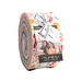 A spiraled roll of white, pink, red, yellow, orange, green, and blue floral fabrics wrapped in a white Moda Fabrics ruler ribbon isolated against a white background.