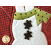 A super close up on the center applique snowman of the pillow, demonstrating details on the snowflake buttons.