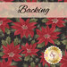 A swatch of black fabric with large red poinsettia flowers. A translucent white banner at the top reads 