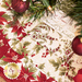 A close up on the tree skirt, demonstrating fabric details; coordinating decor peeks into frame from the top and right sides.