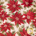 A close up shot of the backing fabric of the skirt, a cream fabric with tossed medium red poinsettias.