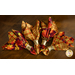 A top down shot of four cloth napkins in four metal napkin rings, fanned out on a dark wood table.