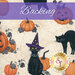 A swatch of mottled cream fabric with black cats in various poses next to jack-o-lanterns on a spiderwebbed background. A purple banner reads 