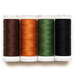 Four spools of thread in brown, orange, green, and black.