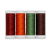 Four spools of colorful thread in red, orange, green, and brown, isolated on a white background.