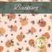 A swatch of cream fabric featuring tossed pumpkins and leaves; a dark teal banner at the top reads 