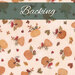 A swatch of cream fabric featuring tossed pumpkins and leaves; a dark teal banner at the top reads 