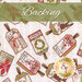 A swatch of cream fabric with a tonal musical notation overlay and tossed Christmas gift tags with various holiday motifs and phrases. A green banner at the top reads 