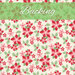 A swatch of cream fabric with scattered red and pink poinsettias and bunches of holly. A green banner at the top reads 