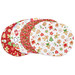 The four completed Oval Placemats colored in red and white fabrics from the Sugar Coated collection, slightly fanned out and isolated on a white background.