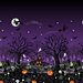 A spooky Halloween scene featuring a haunted house, skeletons, bats, pumpkins, and ghosts against a purple sky.