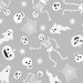 A gray background filled with white Halloween motifs like skeletons, ghosts, skulls, and spiderwebs.