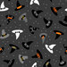 Various witch hats in black, orange, white, and purple on a dark gray background with tiny stars.