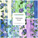 Collage of the skus included in the Hydrangea Grace collection, 20 skus of blue, green, purple, and cream hydrangea themed fabrics.