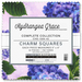 A charm pack titled Hydrangea Grace, featuring purple floral patterns, includes 42 five-inch squares, isolated on a white background.