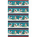 A border stripe print on a teal background with a wintery scene of polar bears, foxes and owls.