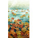 Vibrant autumn leafs floating on sky blue water with a shine of sun 