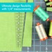 A green cutting mat with fabric and spools of thread, showcasing a ruler and text about design flexibility.