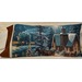 Pillow featuring a winter scene with a train, a cabin, and horse-drawn sleighs in a snowy landscape.