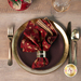 A top down shot of a place setting with the snowflake fabric of the reversible napkin faced out.