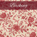 A swatch of cream fabric with an elegant, twisting, vintage floral pattern in berry pink and red with tonal cream accents. A dark red banner at the top reads 