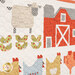 A close up on the quilt, showing fabric and piecing details on the sheep, barn, and hens.