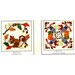 Two quilt blocks: left features a squirrel among autumn leaves, right shows a symmetrical pattern with scarecrows.