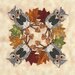 Four whimsical owls surrounded by colorful autumn leaves and acorns on a textured background.