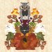 A whimsical fall illustration featuring an owl atop a black cat, surrounded by candy corn, leaves, and ghost figures.