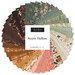 A spiral collage of the brown, gold, green, pink, and cream fabrics included in the Acorn Hollow Charm Pack.