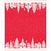 A red print with a flurry of white snowflakes in the center and rows of white houses and churches on the outer stripes of the fabric.