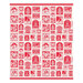 Cream fabric with various red Christmas stamp designs uniformly arranged in rows.