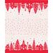 White border print with red snow flurries and rows of red houses and churches running along either fabric border.