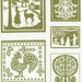 A fabric of green and white illustrations featuring a woman with a deer, a rooster, and decorative trees.