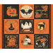 An orange and black fabric with a collage of Halloween-themed tiles featuring text and imagery like pumpkins, ghosts, and bats.