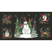 A black panel of a snowman standing in the middle of a group of Christmas trees surrounded by cardinals in various scenes, with the words 