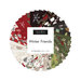 A spiral collage of the black, green, red, gray, and cream winter fabrics included in the Winter Friends Mini Charm Pack.