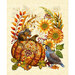 A fabric panel featuring a decorative pumpkin surrounded by sunflowers, autumn leaves, a squirrel, and a quail.