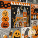 A close up on the center of the quilt, framing the haunted house, spider, and jack o'lanterns blocks in orange, black, yellow, and gray fabrics.